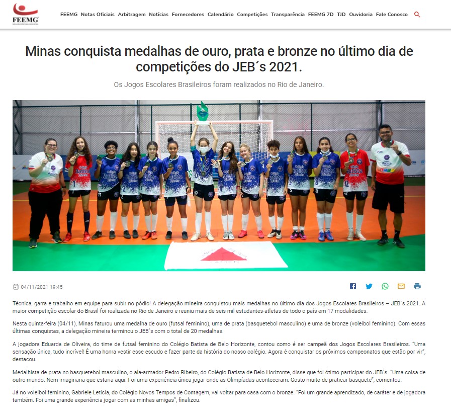 FEEMG: Minas conquista medalhas de ouro, prata e bronze no último dia de  competições do JEB´s 2021 - Blog Rede Batista de Educação